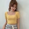 Women's Korean Square Collar Solid Short Sleeve Knitted Slim Pullover T-Shirt