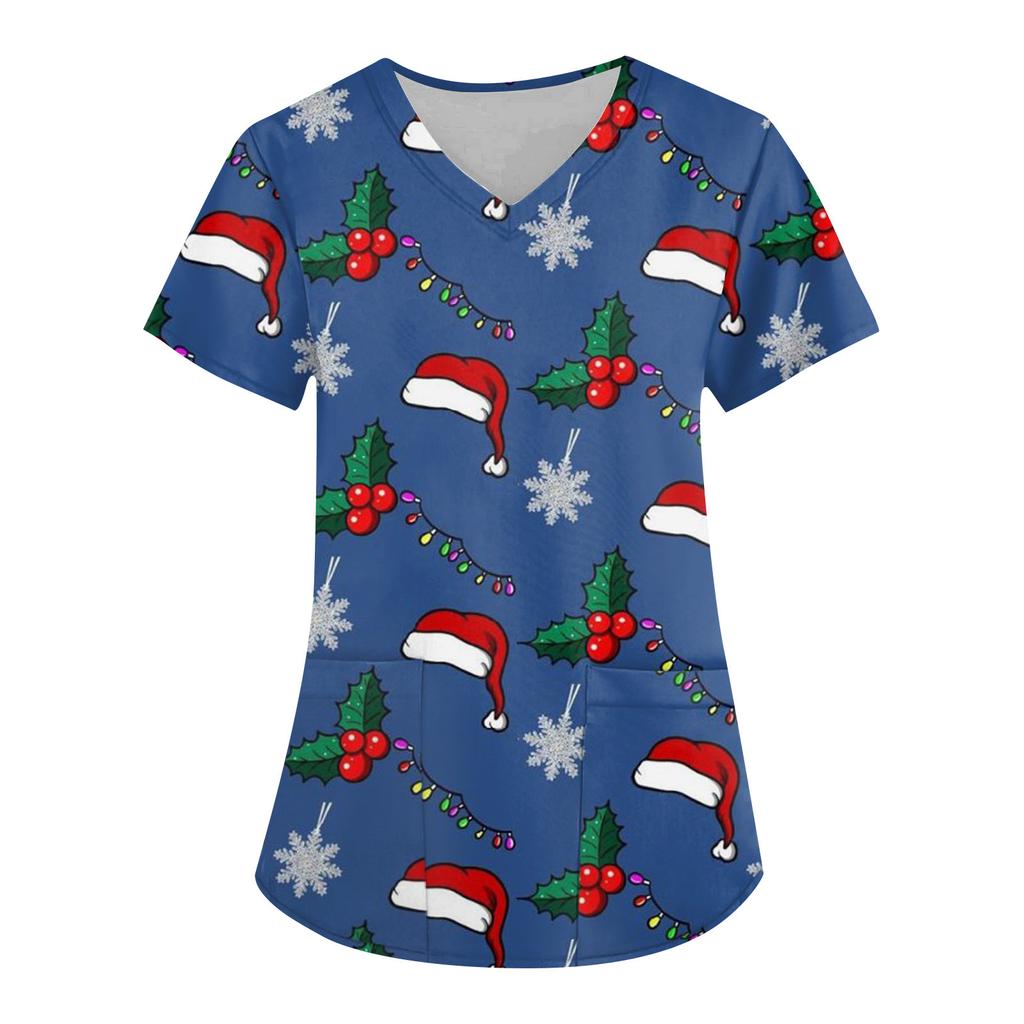 Women's Fashion V-neck Short Sleeve Workwear With Pockets Christmas Printed Tops