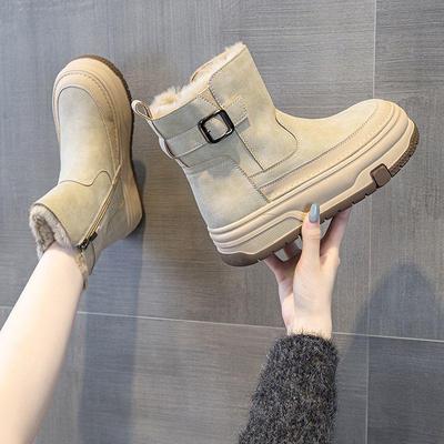 Женские зимние бархатные ботильоны Мартин на толстой подошве с нескользящей подошвой - увеличивающие рост и теплые, из северо-восточного хлопка.