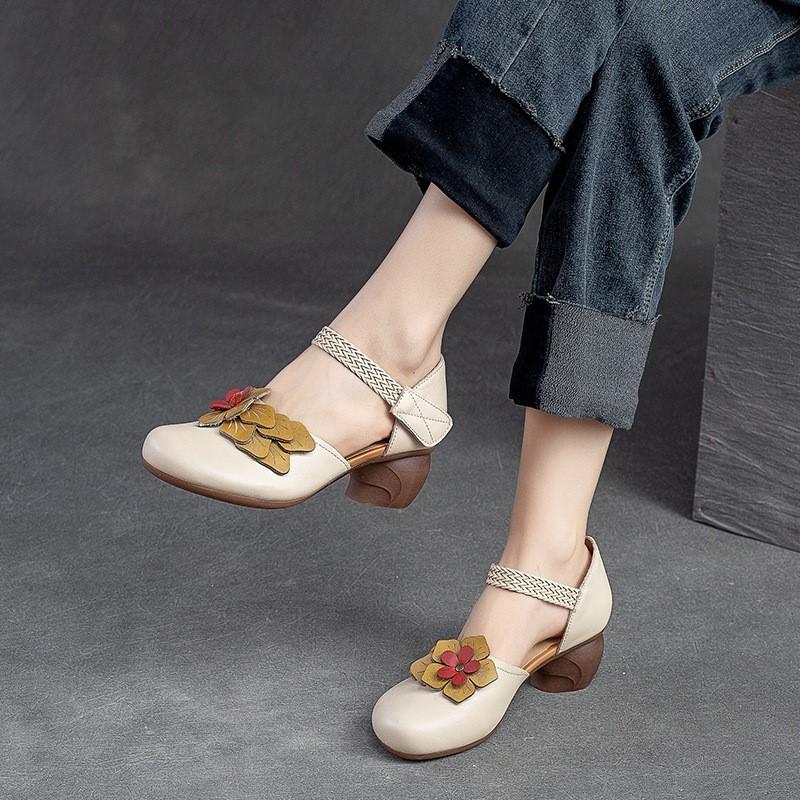 Johnature Женские сандалии в стиле ретро из натуральной кожи, универсальные сандалии ручной работы на среднем каблуке с цветочным узором и круглым носком, женская обувь