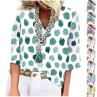 Женская рубашка-блузка повседневные свободные рубашки с рукавом 3/4 и принтом с V-образным вырезом Топы Футболки Футболка