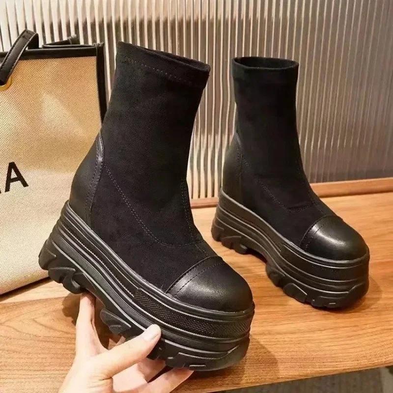 Fashion Fashion High Quality Womens Shoes Heels Wedge Suede Elasticated 10CM Platform Ankle Boots Casual Shoes With Zipper Black Spring