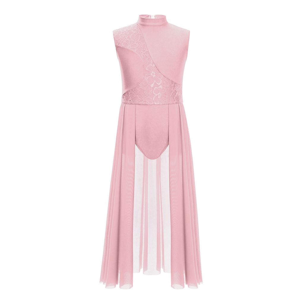 Дышащее платье для лирического танца для девочек: Цветочный кружевной пэчворк на удобном трико без рукавов с элегантными деталями