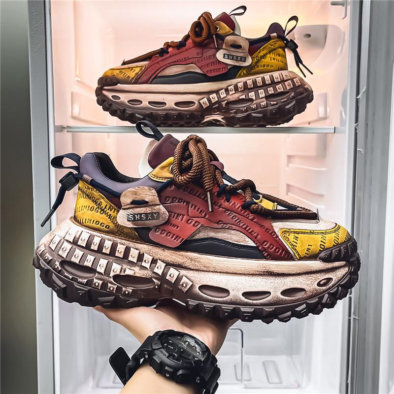New Exquisite Sneakers Lace Up Color Blocked Breathable Casual Shoes with Increased Height and Thick Bottom Men's Running Shoes