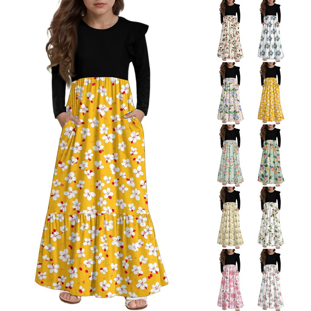 Girls' Tiered Ruffle Dress - Long Sleeve Printed Maxi With Pockets