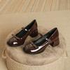 Fashion New Designer Round Toe Bowtie Mary Janes Pumps Women Thick High Heels Lolita Shoes Ankle Strap Japanned Leather Talons Femmes