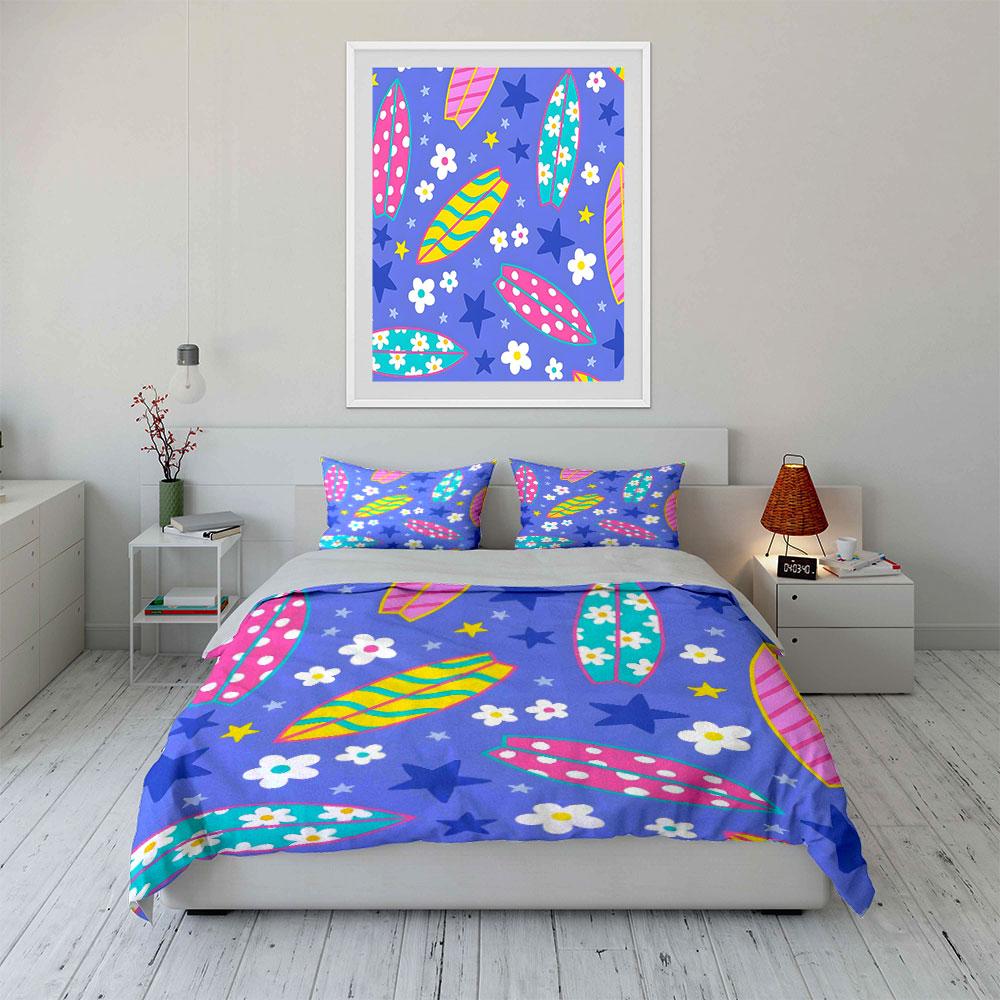 Surfboard Pattern Bedding Set Decoration Bedding Set with 1 Duvet Cover 2 Pillowcases Single Double King Queen, Gift