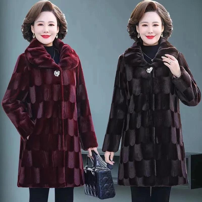 Winter New Mother Fur Coat Mid-length Middle-aged Elderly Women Thicken Warm Imitation Mink Velvet Fur Jacket Female Parkas 6XL
