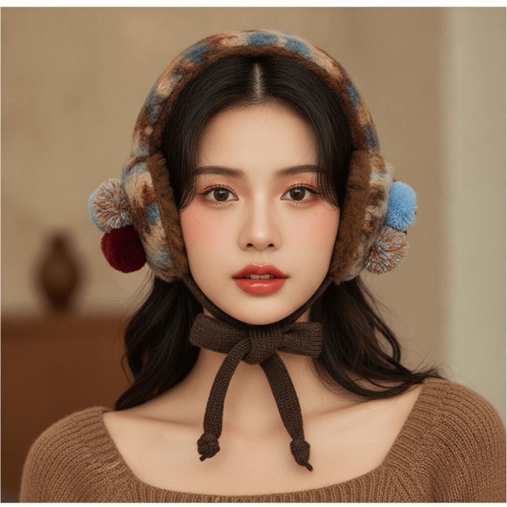 Soft Vintage Pom Earmuff Thickened Lace Up Ear Warmer Tie Up Ear Covers Cycling
