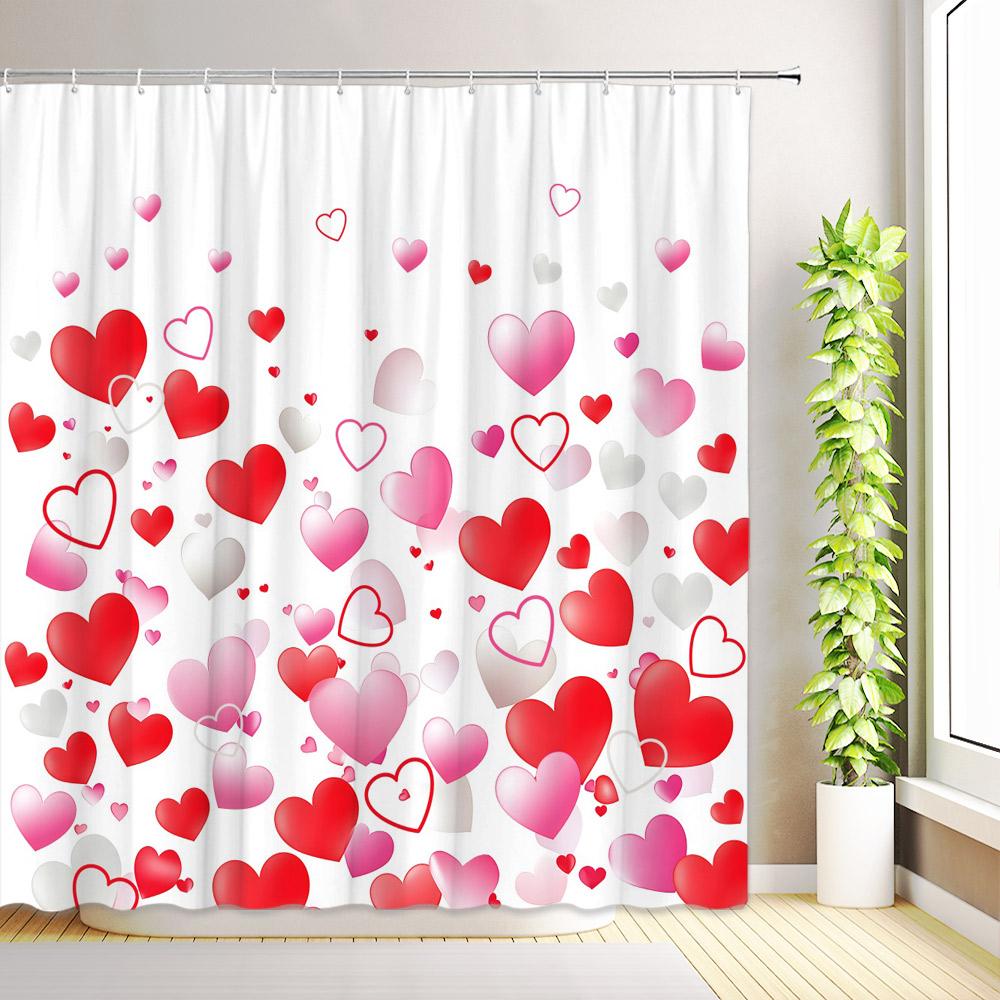 Valentine's Day Shower Curtain Romantic Pink Red Love Heart Rose Flower Mushroom Bathroom Decor Fabric Bath Curtain with Hooks