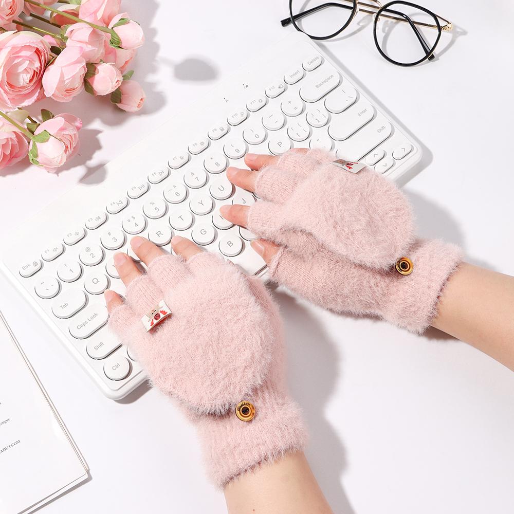 Women's Fashion Keep Warm Plush Flip Cover Half-finger Fawn Winter Gloves