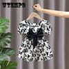 Girls Princess Dress Summer Thin Children's Bow Puff Sleeves Sweet Waist Dress Cute Two-Wear A-line Skirt