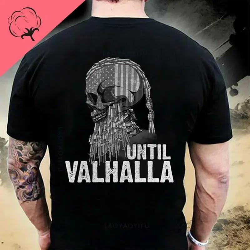 Til Valhalla 100% Хлопок Футболки с коротким рукавом и круглым вырезом Футболка American Beard Warrior Tactical Skull Унисекс Повседневная мужская футболка