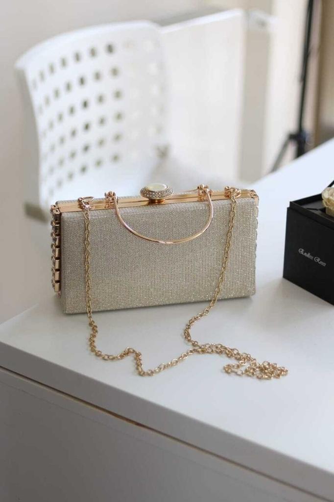 Women's Stylish and Useful Evening Dress Bag Women's Gold Stone Detailed Evening Dress Shoulder Bag with Holder