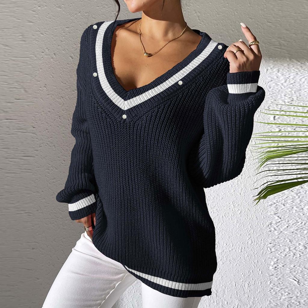 Women's Top Color Splicing V-Neck Long Sleeve Woven Sweater Nailed Bead Base Shirt