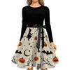 Women's Casual Halloween Print Dress Long Sleeve Round Neck Vintage Style Midi Dress with Waist Tie for Seasonal Occasion