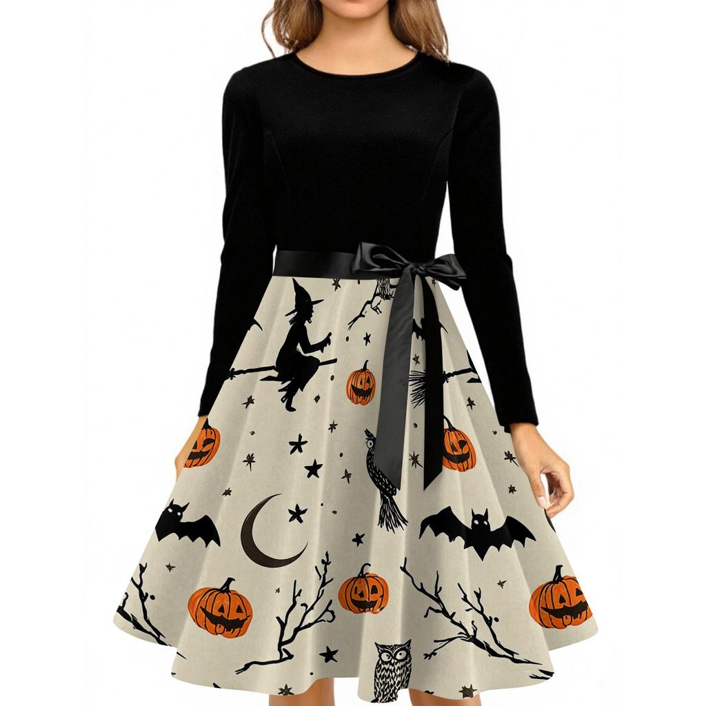 Women's Casual Halloween Print Dress Long Sleeve Round Neck Vintage Style Midi Dress with Waist Tie for Seasonal Occasion