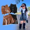 Casual Suit for Girls Spring/summer Children's Fashion V-neck PU Leather Sleeveless Vest with Pleated Leather Skirt Two-piece Set