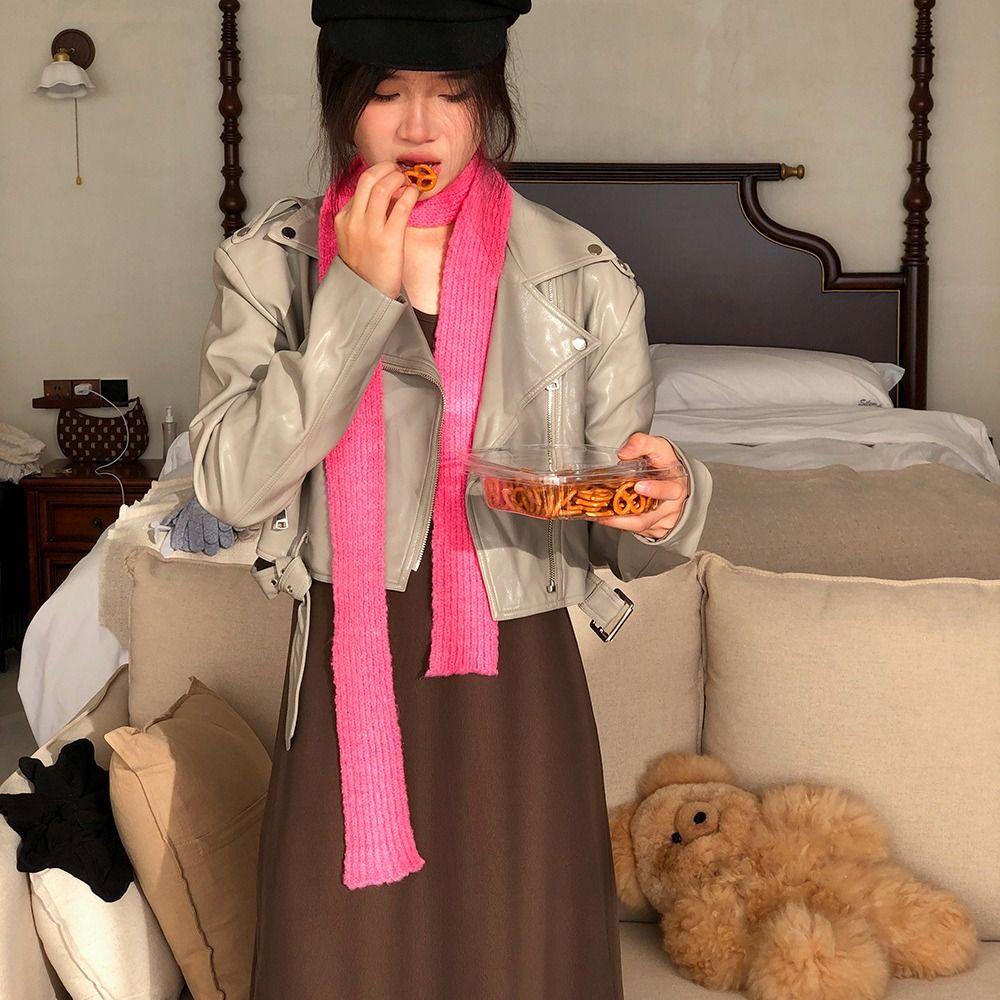 Harajuku Wool Shawl Solid Color Long Narrow Scarves Cute Knitted Scarf Ladies