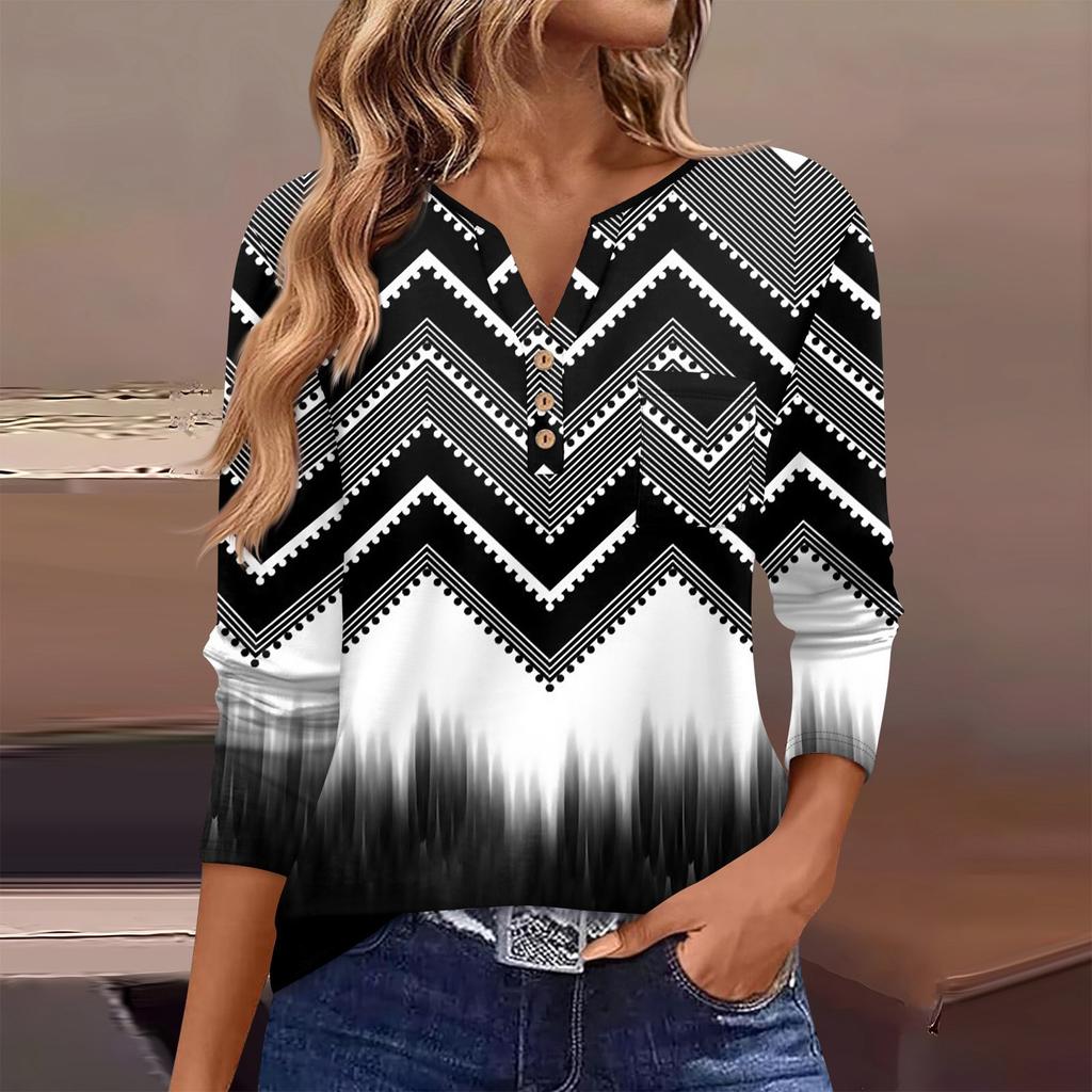 Женская футболка с длинным рукавом на пуговицах, повседневная, выходного дня, модная, базовая, с V-образным вырезом, обычная, с карманом