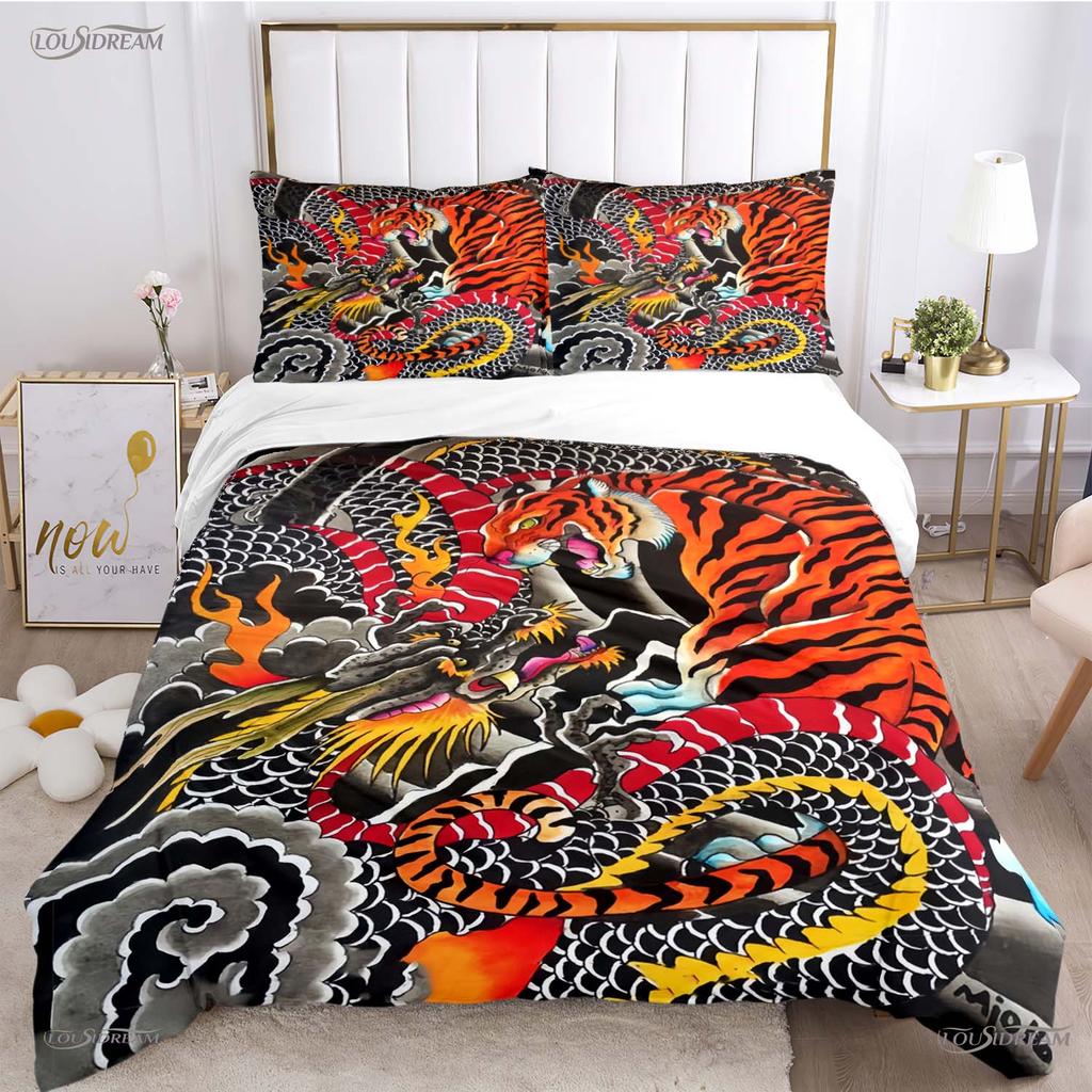 Fashion Dragon and Tiger Battle All Season Duvet Cover Bedding Sets Soft Quilt Cover and Pillowcases Single/Double/Queen/King