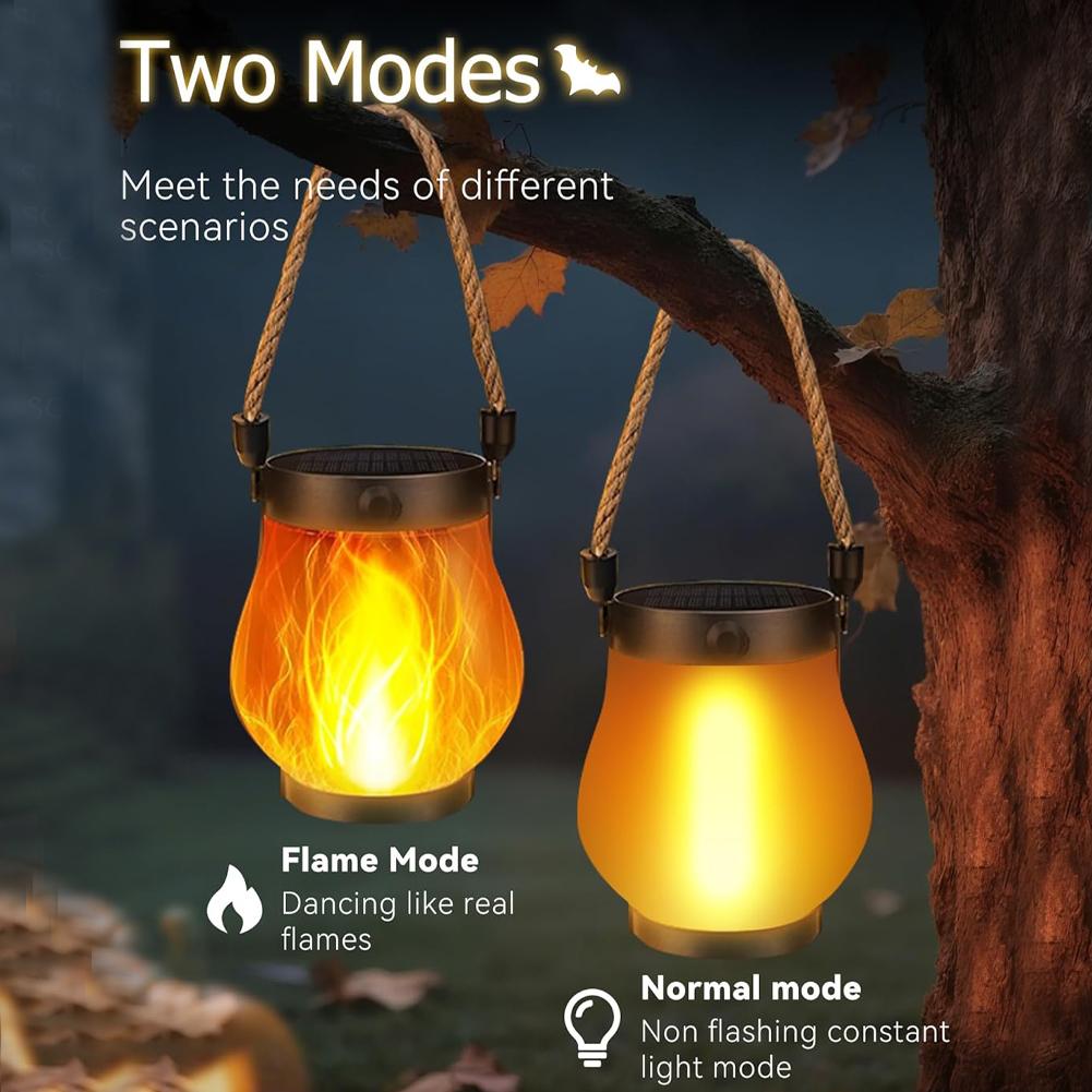 Solar Flame Light Rechargeable Hanging Courtyard Decoration Garden Lantern Lighting Lamp with Hemp Rope Outdoor Camp Decor Lamp