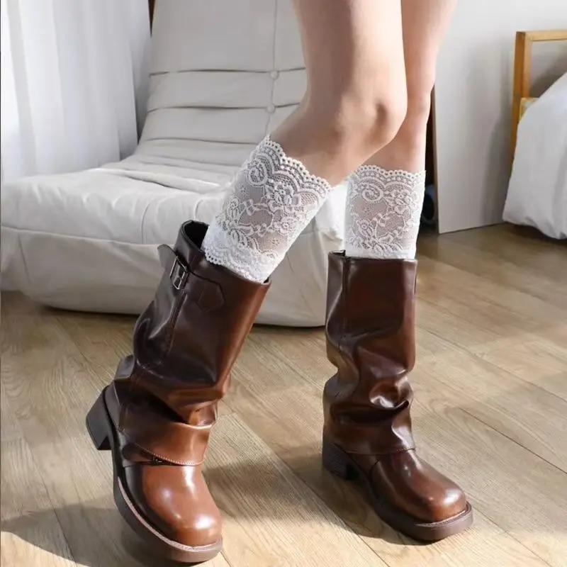 Lace Solid Color Jk Socks Patchwork Lace Calf Socks Ballet-style Mesh Long Stockings Spring and Summer Thin Knee-high Pile Socks