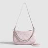 Pink Butterfly Baguette Women's Pearl Metal Chain Diamond Check Underarm Bag Casual Shoulder Crossbody Bag