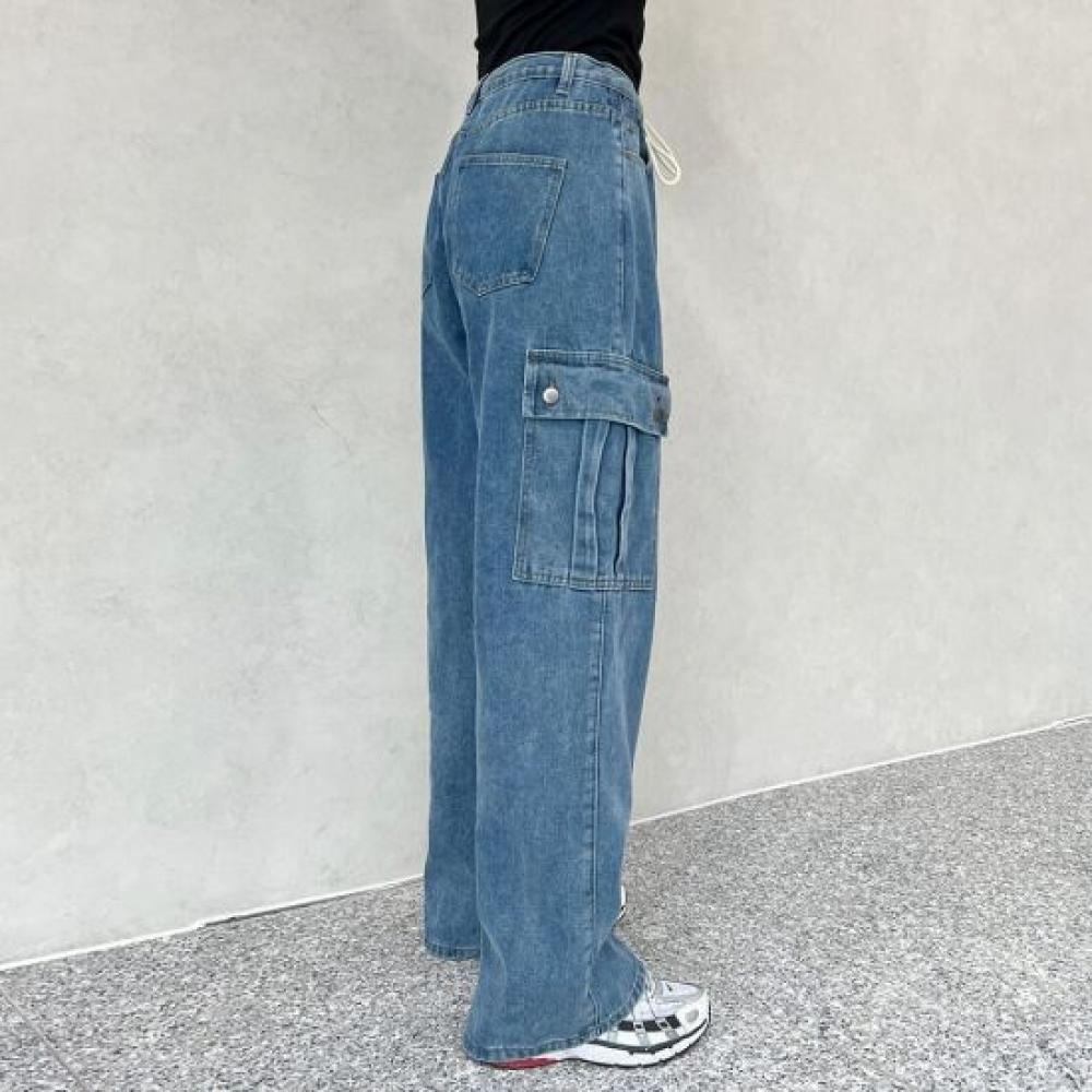 Mizqz Waist Tie Cargo Pants Wide Denim Pants Big Size Fxl