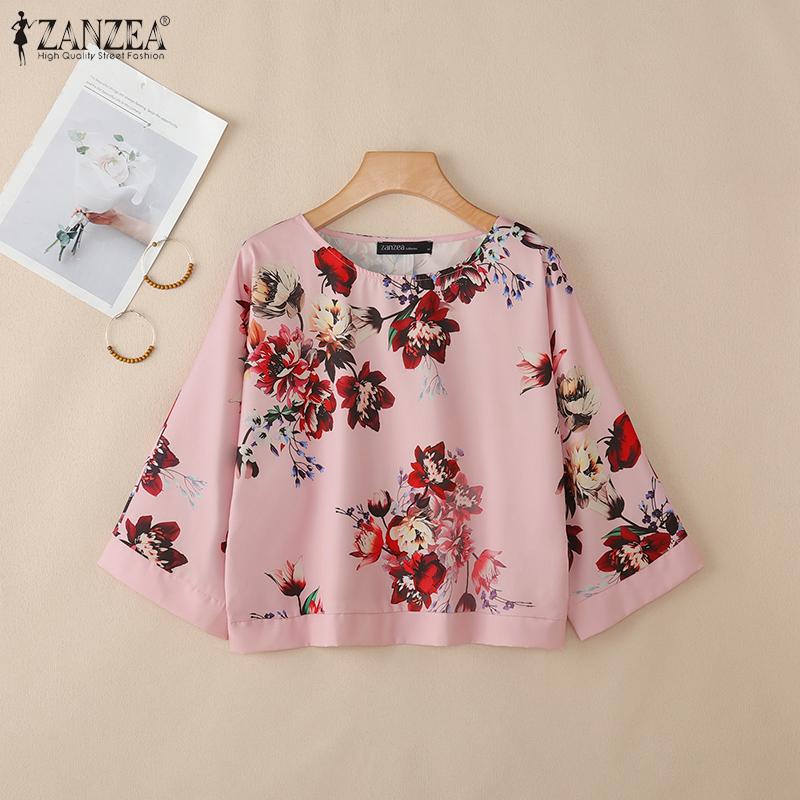 ZANZEA Women Casual Round Neck 3/4 Sleeve Loose Floral Print Blouse