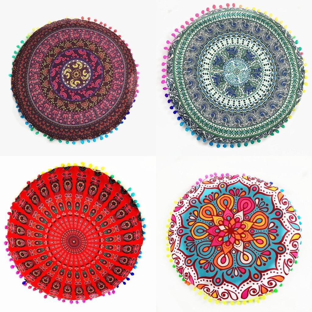 Элегантный индийский богемный чехол для напольной подушки с яркими помпонами по краям