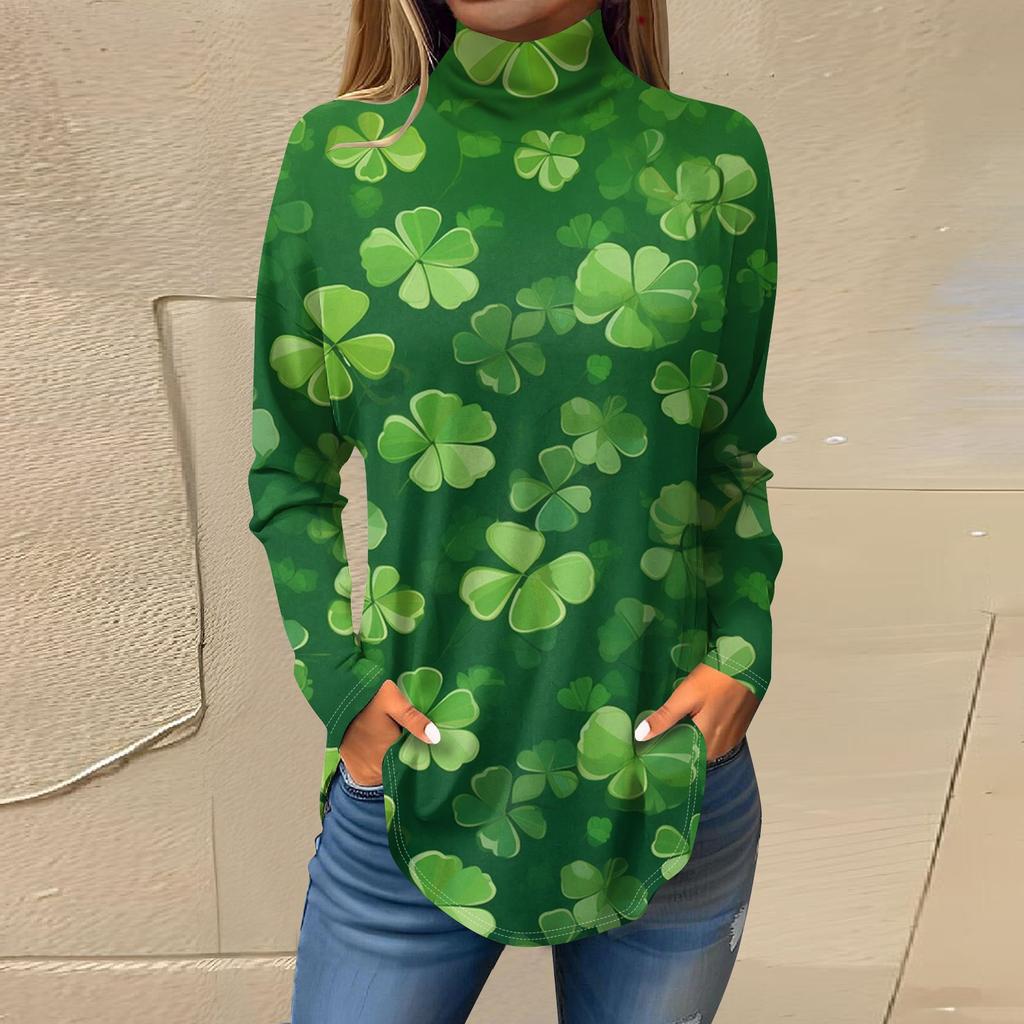 Женский свободный с высоким воротом St. Футболка с длинным рукавом и принтом Патрика. Верхний пуловер.
