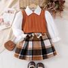 Spring and Autumn Children's Casual Long-sleeved Shirt + Plaid Skirt + Sweater Vest Three-piece Suit