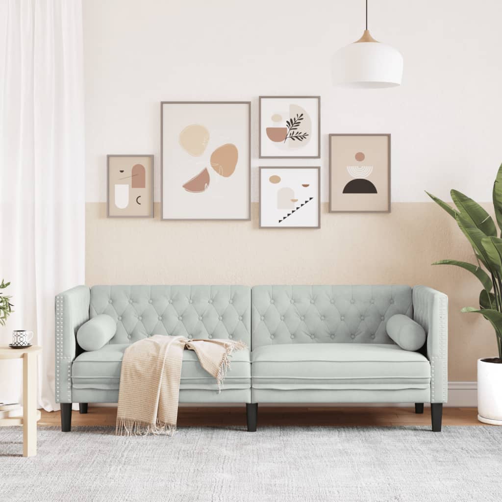 Chesterfield Sofa with Neck Pillows 3 Seater Light Grey Velvet