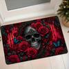 Gothic Dark Skull and Red Rose Flannel Floor Mat, Household Entrance Doorway Anti-Slip Doormat for Bedroom and Bathroom, Absorbent and Rug, 1pc