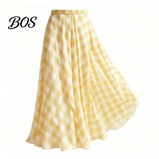 Comfortable Maxi Skirt Women Skirt, Elastic Waist Plaid Print Long Flowy Vacation Hem Lightweight Summer for Beach Travel Party