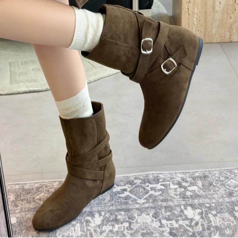Inner heightening retro buckle stacking boots autumn and winter new matte short boots versatile fashion boots brown