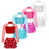 Kids Girls Shiny Sequins Dance Performance Outfit Long Sleeve Cutout Crop Top with Tiered Ruffle Skirted Shorts Culottes