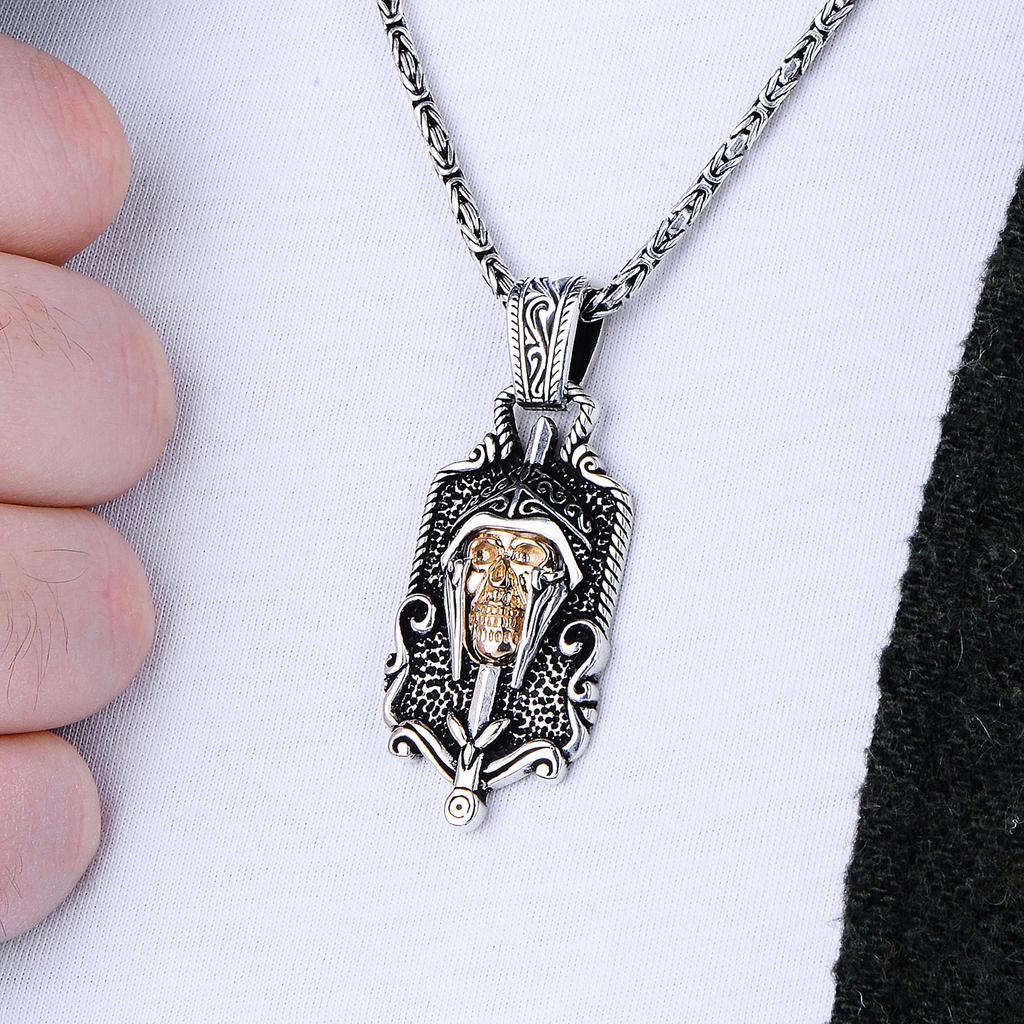 925K Gothic Skull Knight Necklace for Men,  Vintage Punk Style, Black Sterling Silver,  Byzantine Chain,  Men's Fashion Jewelry Accessories