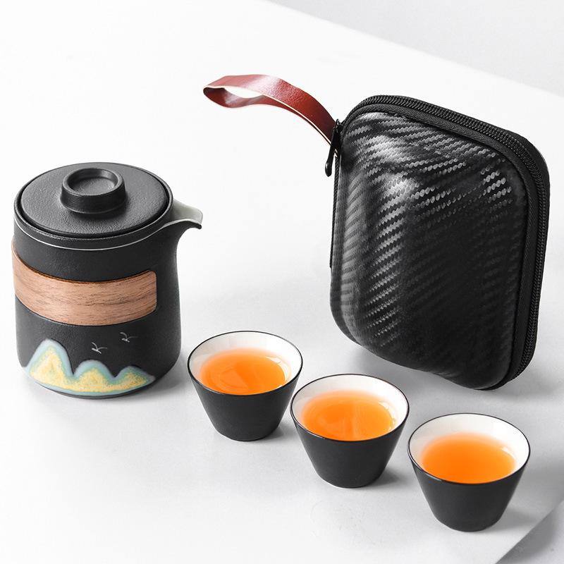 Portable Travel Tea Set: One Pot with Three Cups and Carry Bag for Camping & Solo Brewing