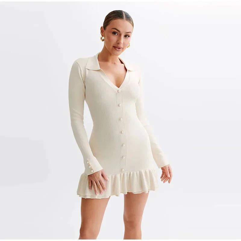 Элегантное трикотажное мини-платье с оборками, женское пэчворк, длинный рукав, V-образный вырез, бант, открытая спина, однобортное платье, женское вечернее платье