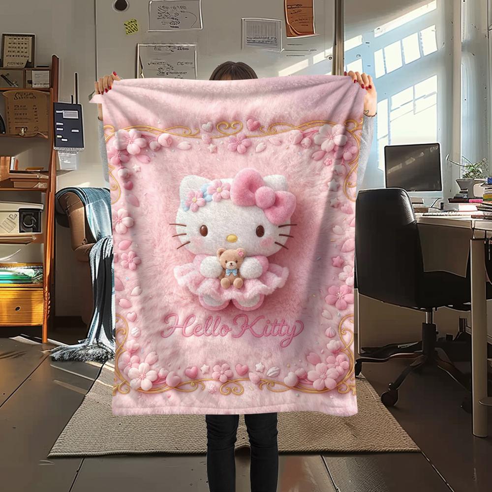 1 шт. Розовое фланелевое одеяло Hello Kitty с принтом, Высококачественное, Для всех сезонов, Декор для дома, Тепло и комфорт, Идеально для рождественских подарков