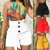 Casual Summer Beach Women Solid Color Belted Buttons High Waist Shorts Hot Pants