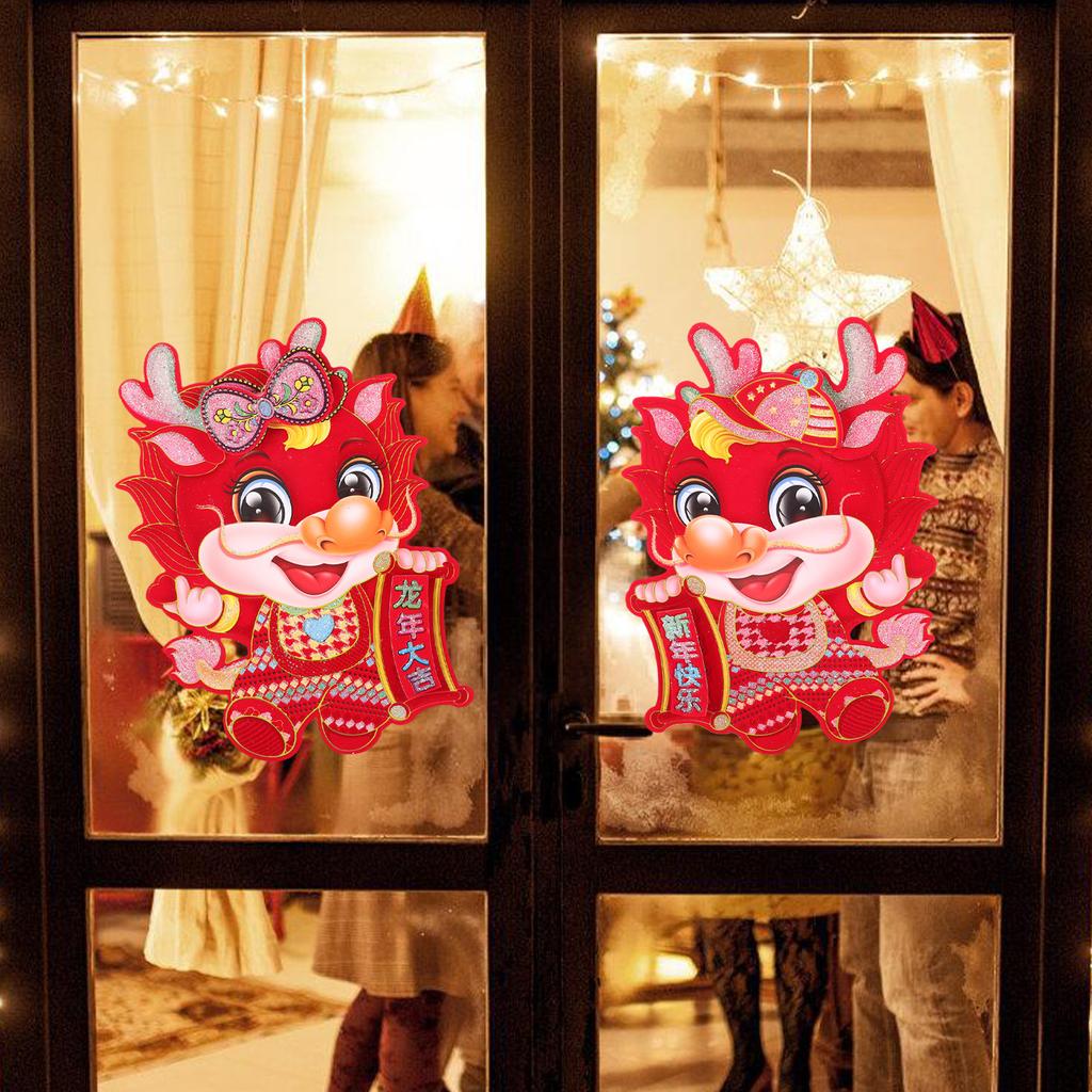 2Pcs Dragon Window Decals Chinese New Year Decoration Set Strong Adhesive Door Wall Stickers for Holiday Party Home Garden Decor