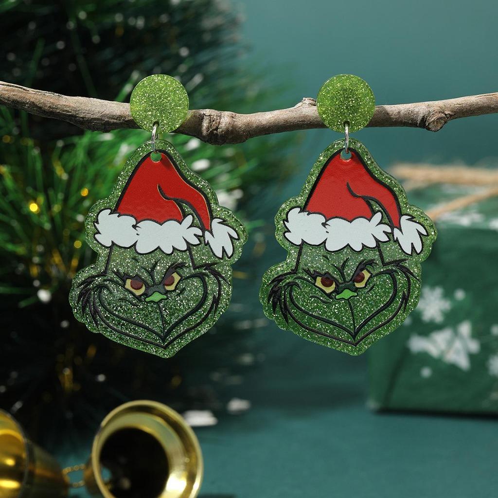 Christmas Monster Green Hat Acrylic Earrings – Fun Cartoon Holiday Women's Jewelry