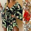 Asymmetrical Hem Elegent Beauty Lady Dress Tropical Print Sexy Women Dress Tie Front V Neck Mini Dress Beachwear