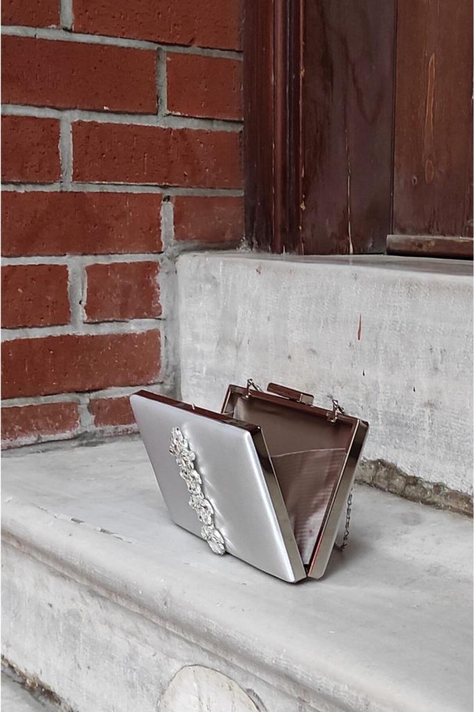 Women's Stylish and Useful Evening Dress Bag Silver Satin Star Stone Accessory Evening Dress Slim Model Women's Bag