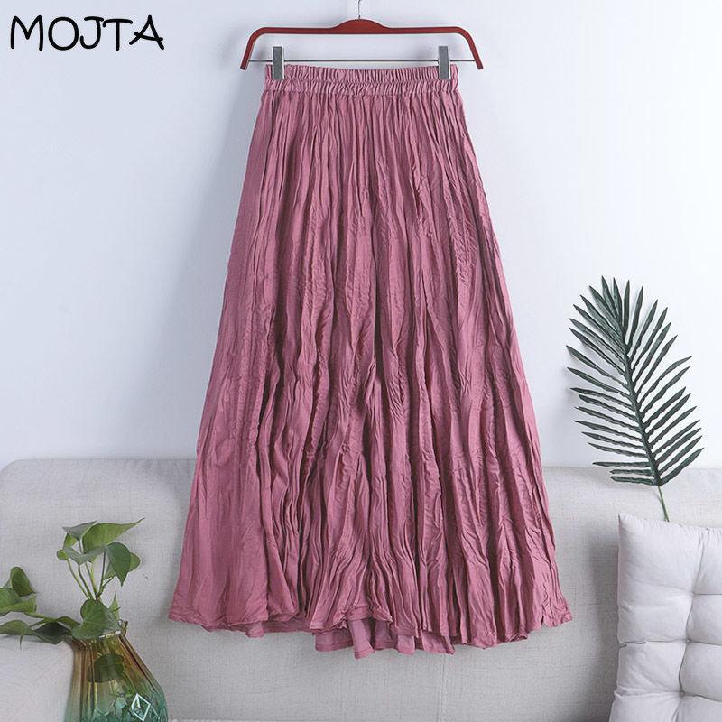 MOJTA Women's Mid-length Skirt Spring Summer Elastic High Pleated Waist Skirt A-line Skirt