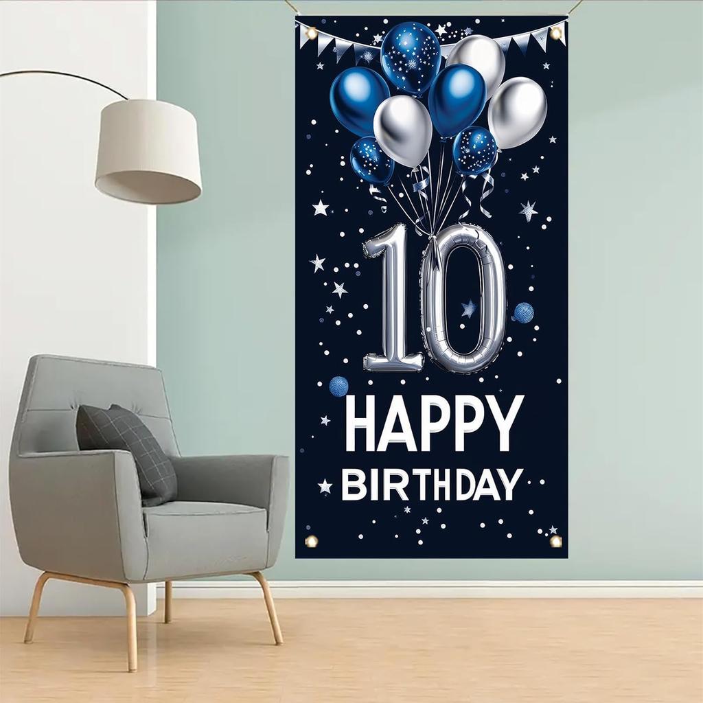 10th Birthday Door Cover Decoration 71 x 35 Inch Blue and Silver Balloon Banner for Tenth Birthday Party Supplies Happy 10 Years Old Photo Booth