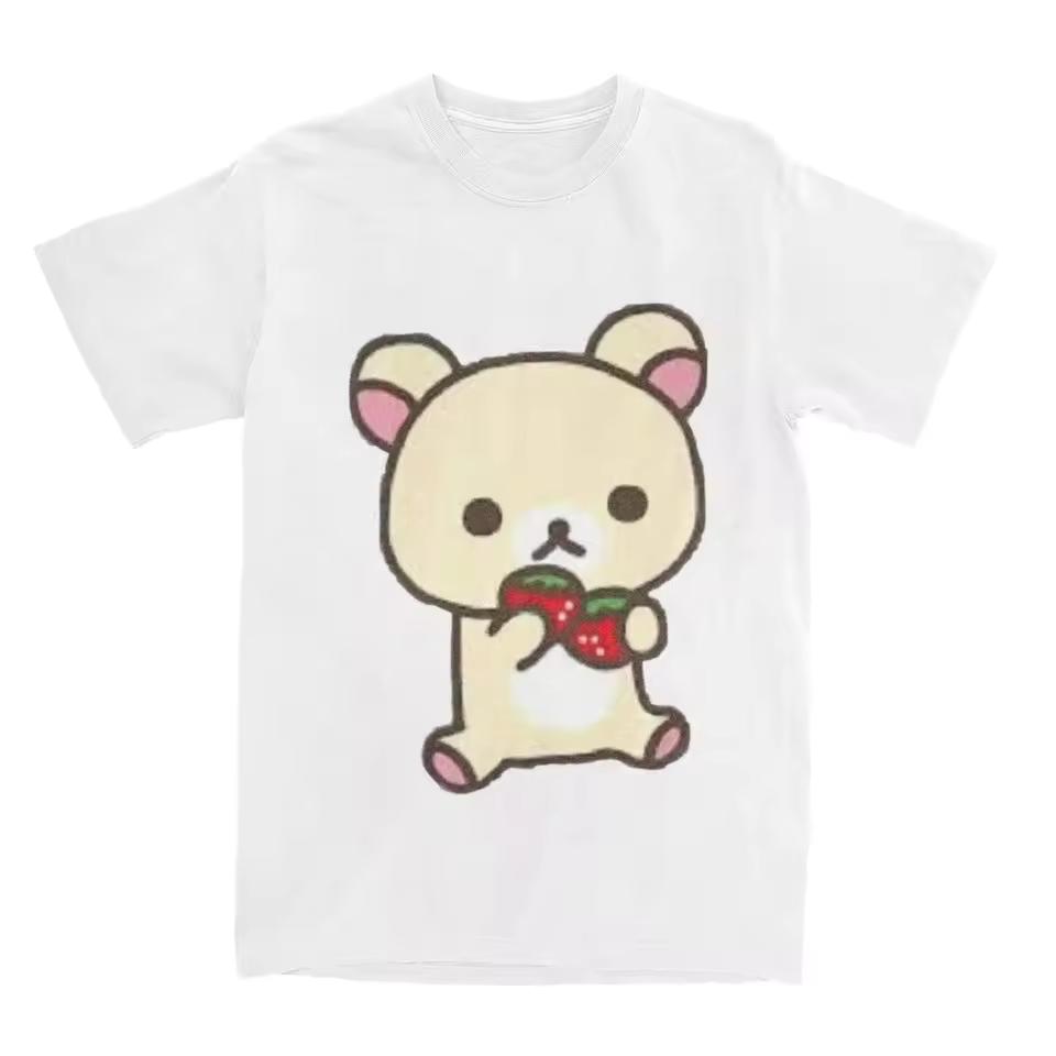 Повседневные футболки с клубникой Rilakkuma для женщин, футболки с круглым вырезом, футболки с животным медведем, футболки с коротким рукавом, женские топы